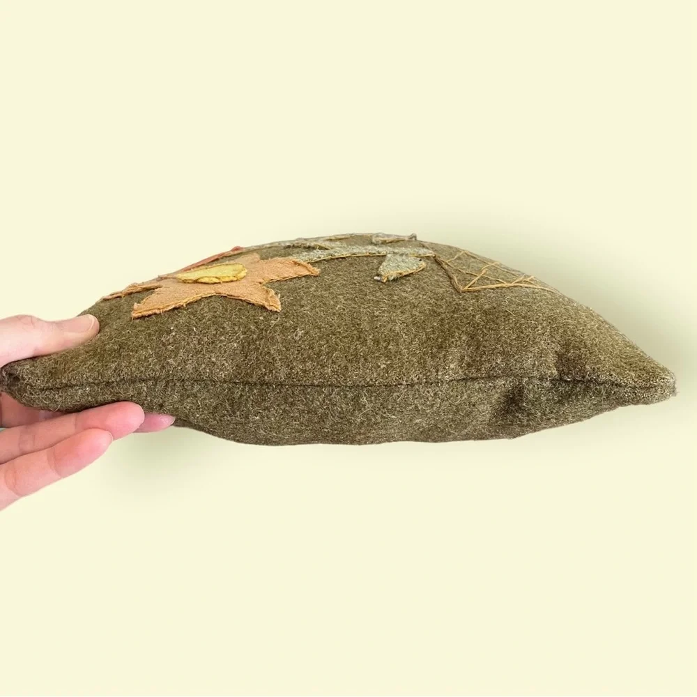 Handmade floral mini throw pillow hand sewn wool green primitive